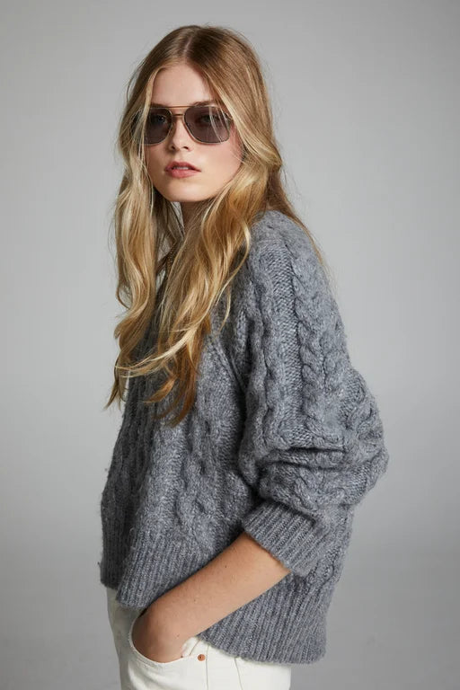Karen Walker Cable Knit Cropped Sweater- Wool Mix - Grey Marle