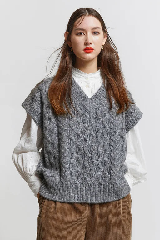 Karen Walker Cable Knit Vest - Wool Mix -- Grey Marle