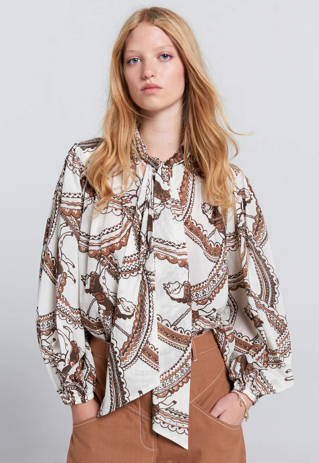Karen Walker Reining Bow Blouse - Cream Multi
