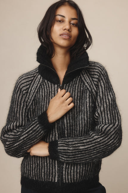 Marle Oscar Zip Up - Mohair/Merino -Black/Greige