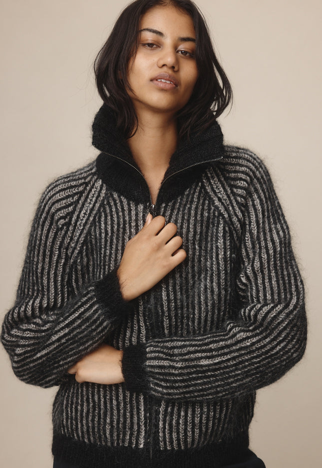Marle Oscar Zip Up - Mohair/Merino -Black/Greige