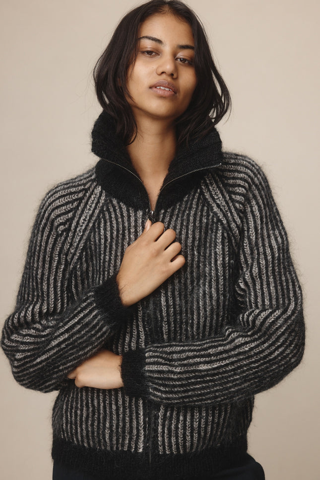 Marle Oscar Zip Up - Mohair/Merino -Black/Greige