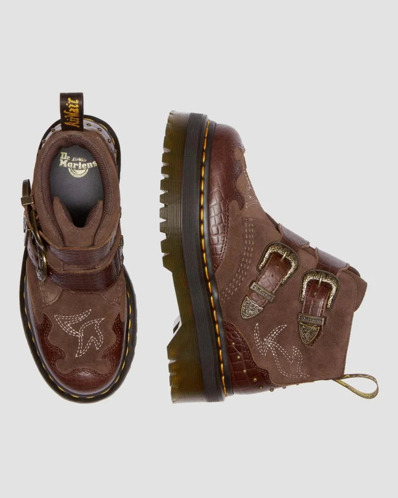 Dr. Martens Devon 2 Strap Boot - Suede and Reptile emboss - Dark Brown