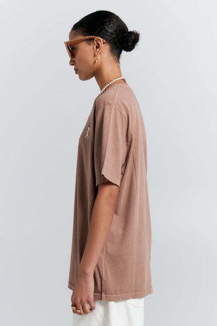 Karen Walker Embroidered Runaway Girl Classic Organic Cotton T-Shirt - Taupe