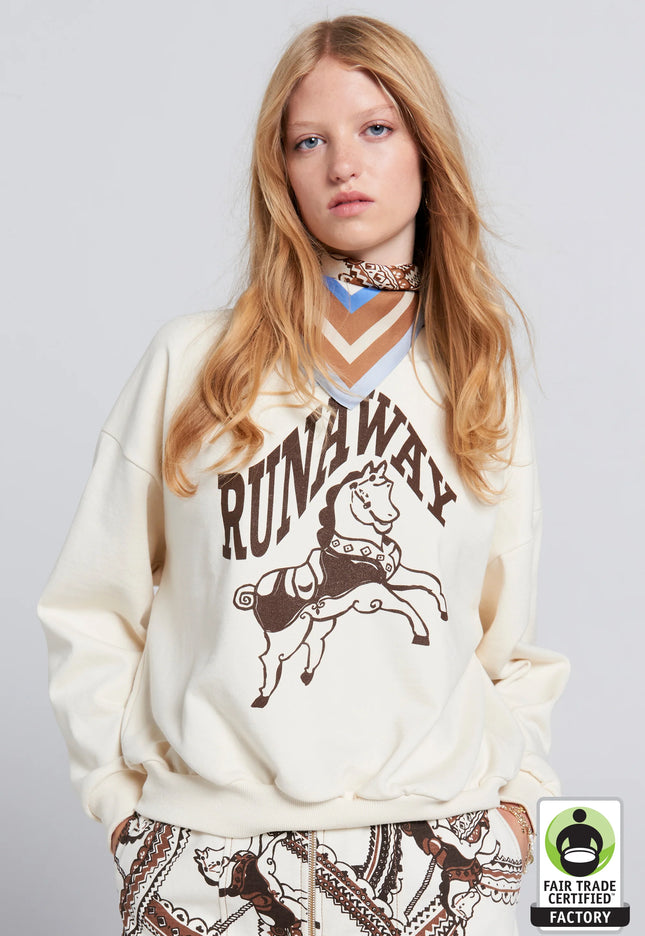 Karen Walker Runaway Carousel Organic Cotton Crewneck Sweatshirt - Ecru/Mocha