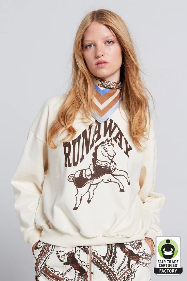 Karen Walker Runaway Carousel Organic Cotton Crewneck Sweatshirt - Ecru/Mocha