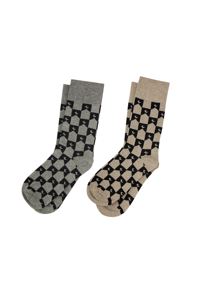 Karen Walker Monogram Socks 2 Pack - Grey/Black + Natural/Black