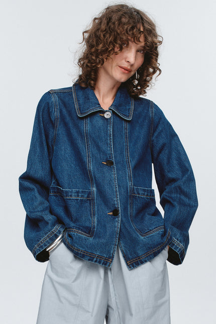 Marle Cropped Pea Jacket ~ Washed Indigo