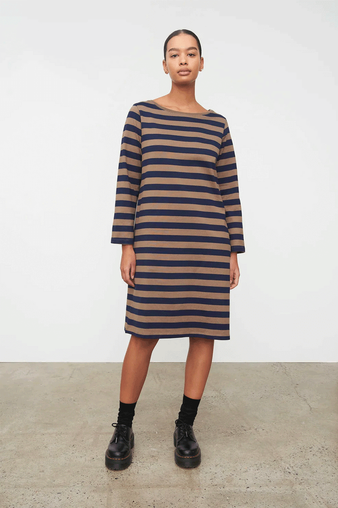 Kowtow Breton Dress - Navy Taupe Stripe