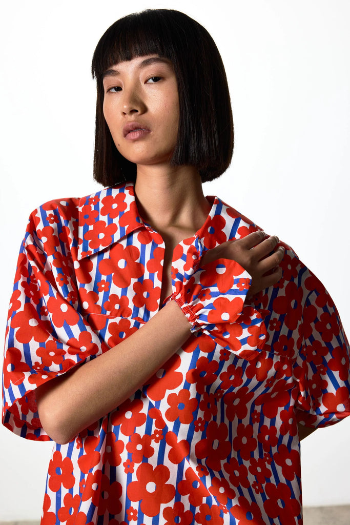 Ricochet Maya Top - Red Flower & Blue Stripe