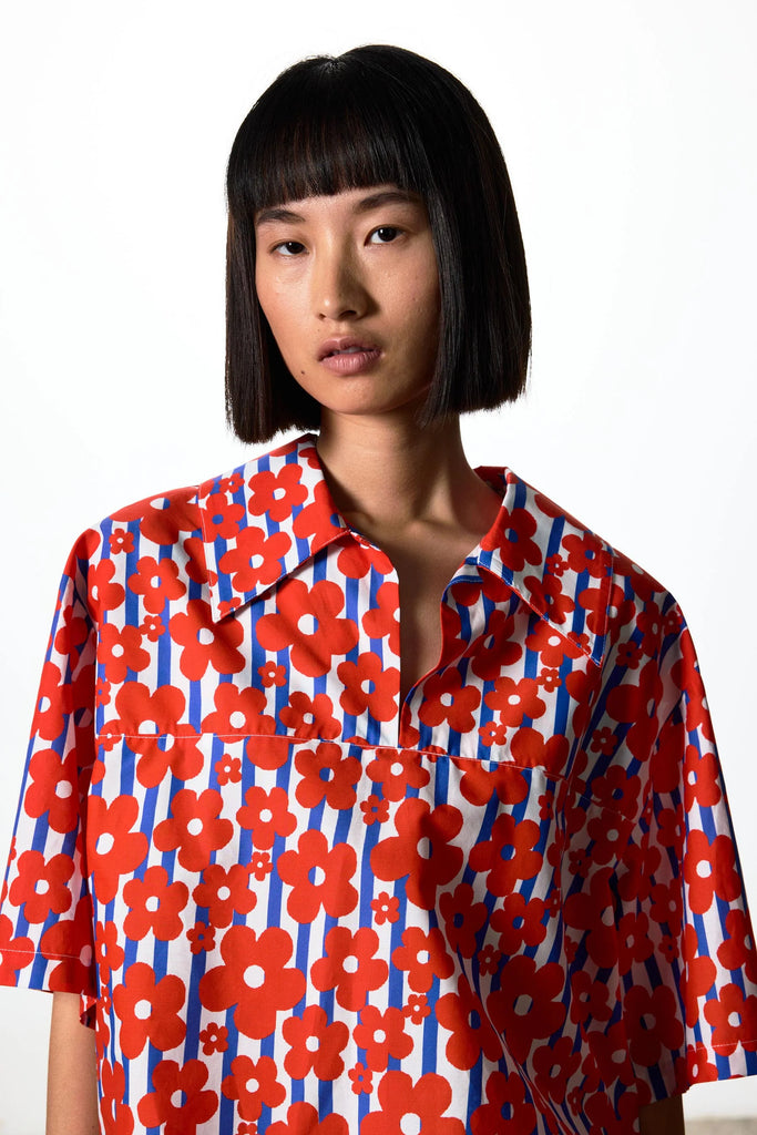 Ricochet Maya Top - Red Flower & Blue Stripe