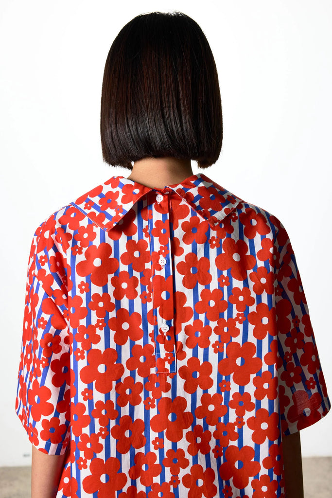 Ricochet Maya Top - Red Flower & Blue Stripe