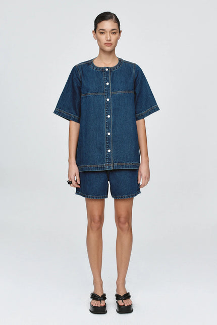 Marle Short Sleeve Seam Shirt - Denim - Classic Blue