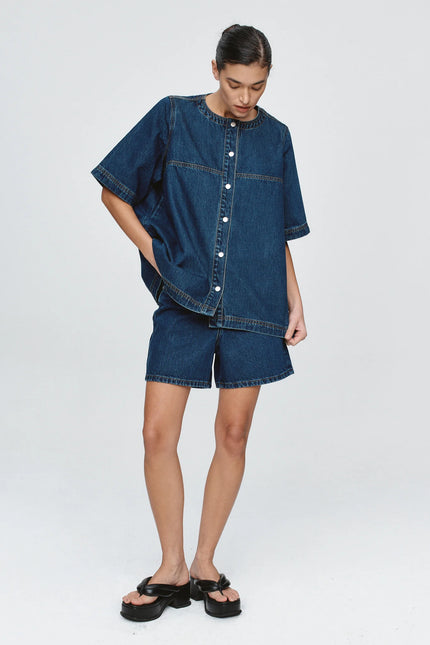 Marle Short Sleeve Seam Shirt - Denim - Classic Blue