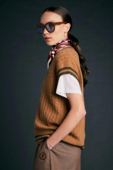 Karen Walker Varsity Knit Vest - Tan/Olive