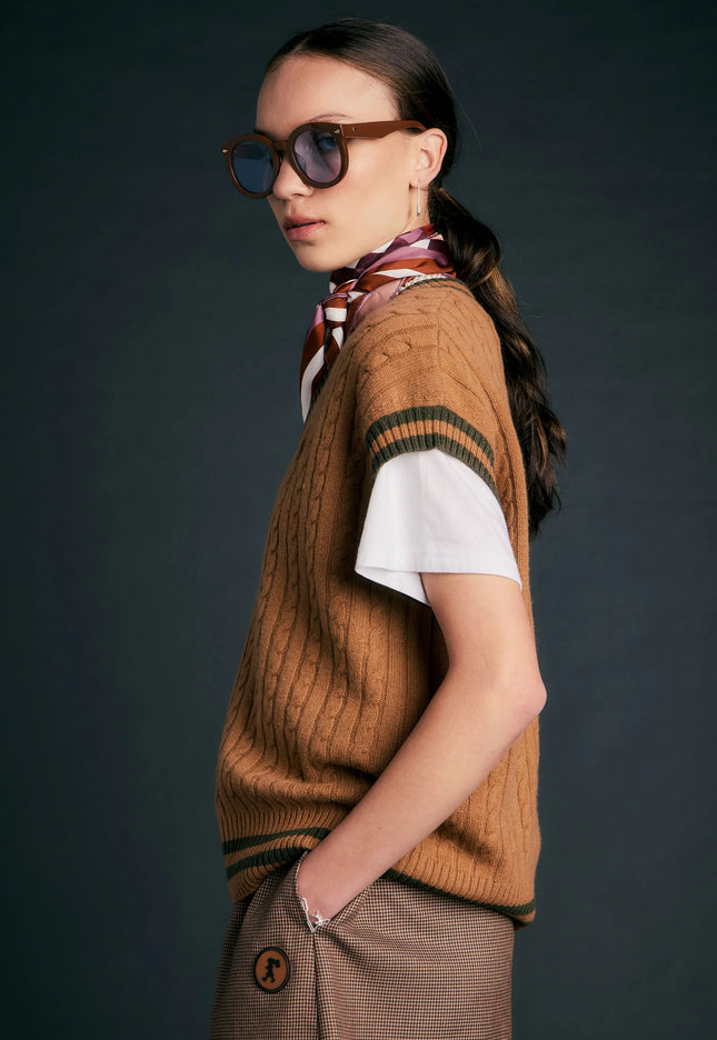 Karen Walker Varsity Knit Vest - Tan/Olive