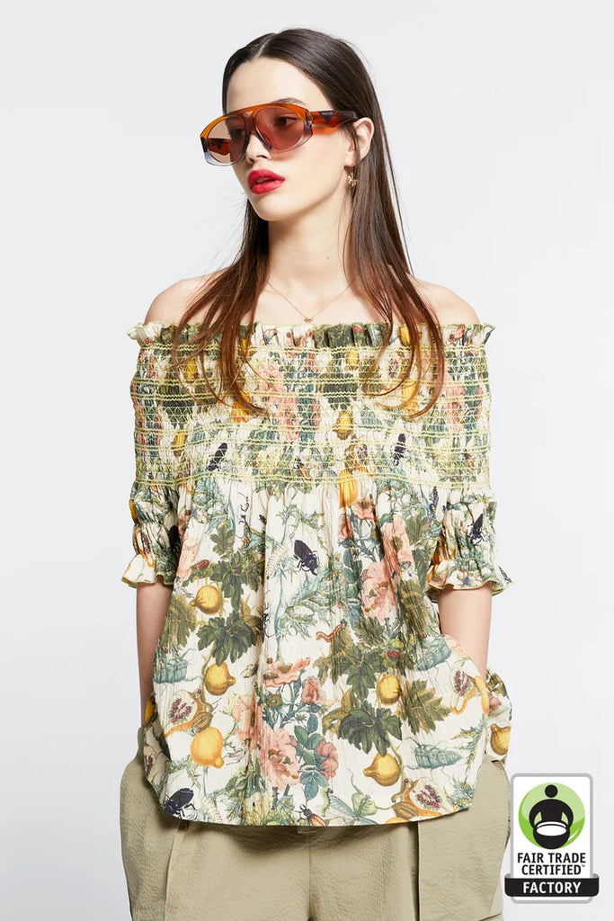 Karen Walker Gaia Smocked Blouse - Insects and Fruit