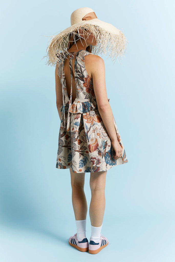 Karen Walker Mini Cordyline Dress - Edwardian Floral Linen - Sand Multi