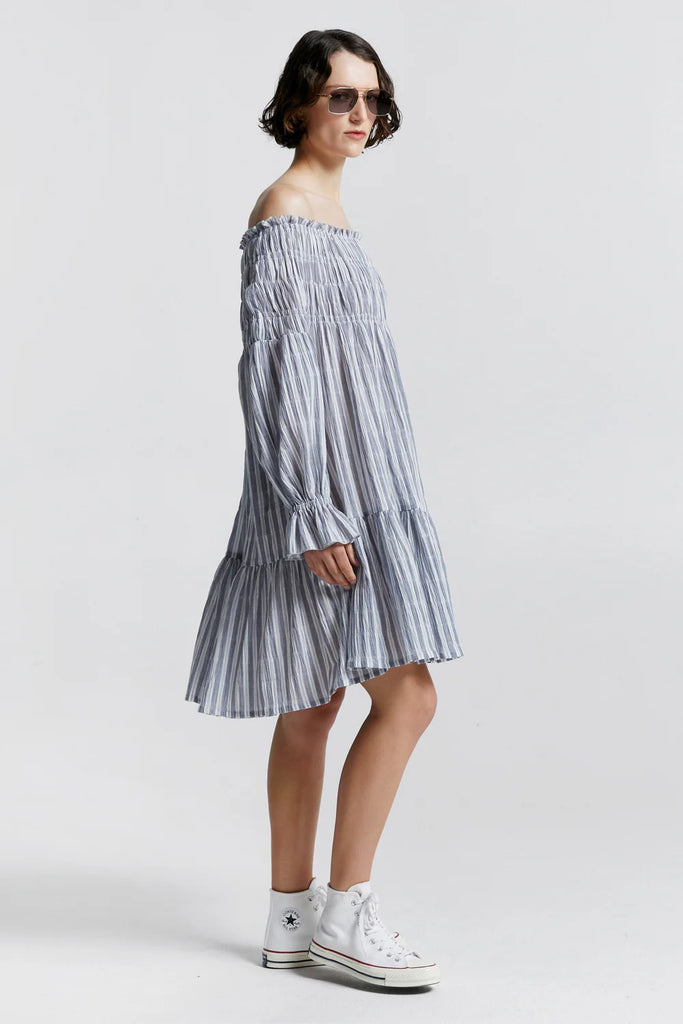 Karen Walker Prairie Shirred Dress- Organic Cotton - Blue Stripe