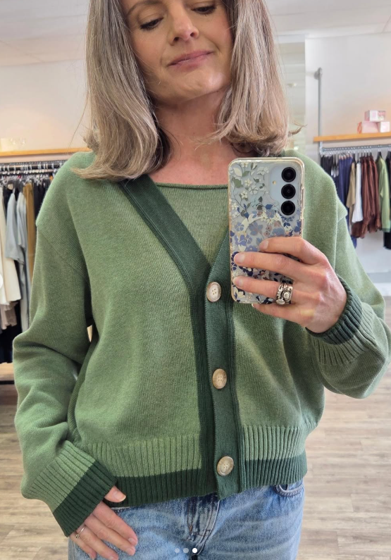 Tatano Contrast Cardi - Olive/Forest