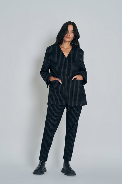 New Lands Stella Blazer - Black w Silver pinstripe
