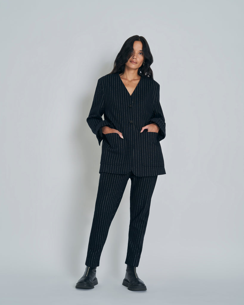 New Lands Stella Blazer - Black w Silver pinstripe